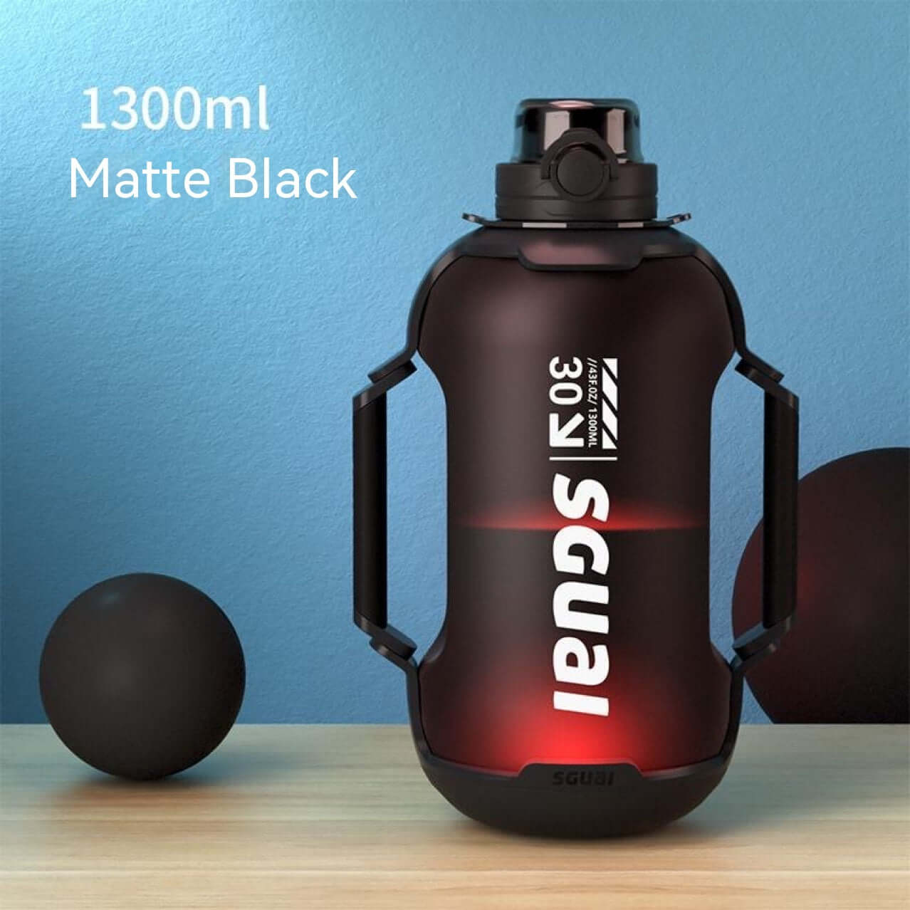 Smart Sports Bottle T30 in matte black, 1300ml capacity, perfect for fitness enthusiasts and hydration during workouts.