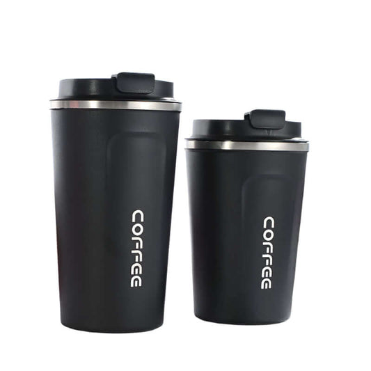 304 stainless steel insulated travel mug set for coffee and tea, featuring a sleek black design and secure lids.