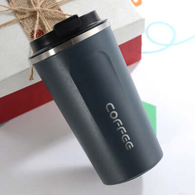 304 stainless steel insulated coffee mug in dark gray, featuring a modern design for hot beverages.