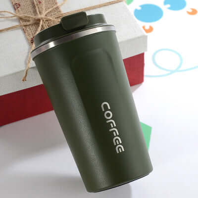 304 stainless steel insulated travel mug in green color for coffee and tea.