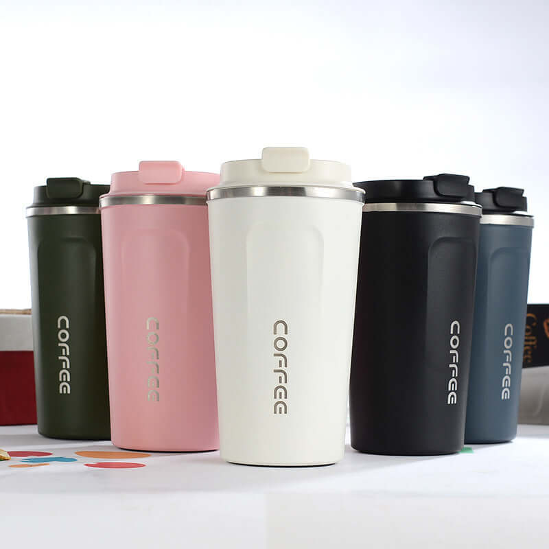 Assorted 304 stainless steel travel mugs for coffee and tea, featuring various colors and modern design.