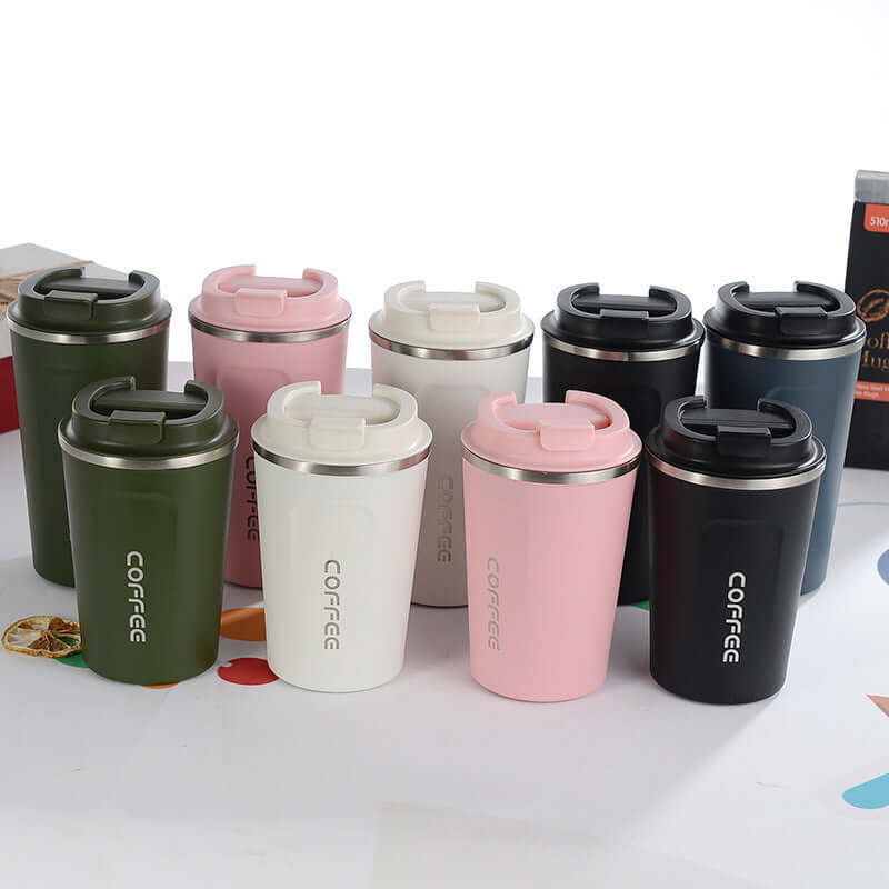 Colorful collection of stainless steel insulated travel mugs for coffee and tea, featuring various designs and lids.