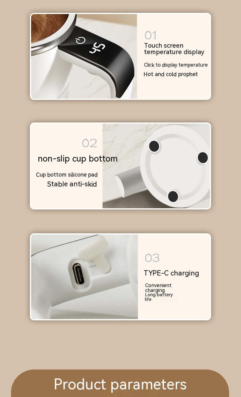 Features of the Automatic Mixing Coffee Cup: touchscreen display, non-slip base, and Type-C charging.