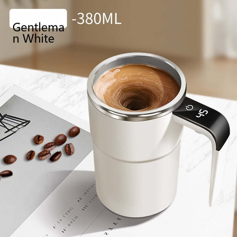 380ML Automatic Magnetic Mixing Coffee Cup with coffee swirling inside, perfect for effortless drinks.