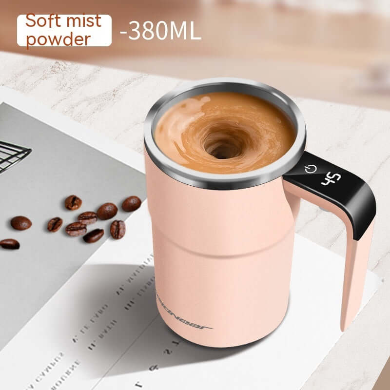 Automatic mixing coffee cup in pink, 380ML, stirring coffee effortlessly with magnetic technology.