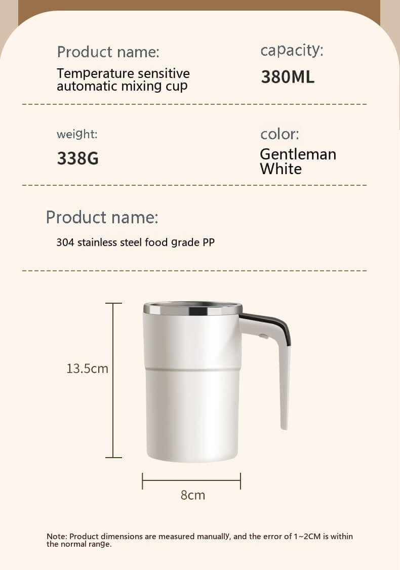 Automatic mixing coffee cup in white with 380ML capacity, made of 304 stainless steel for effortless mixing.