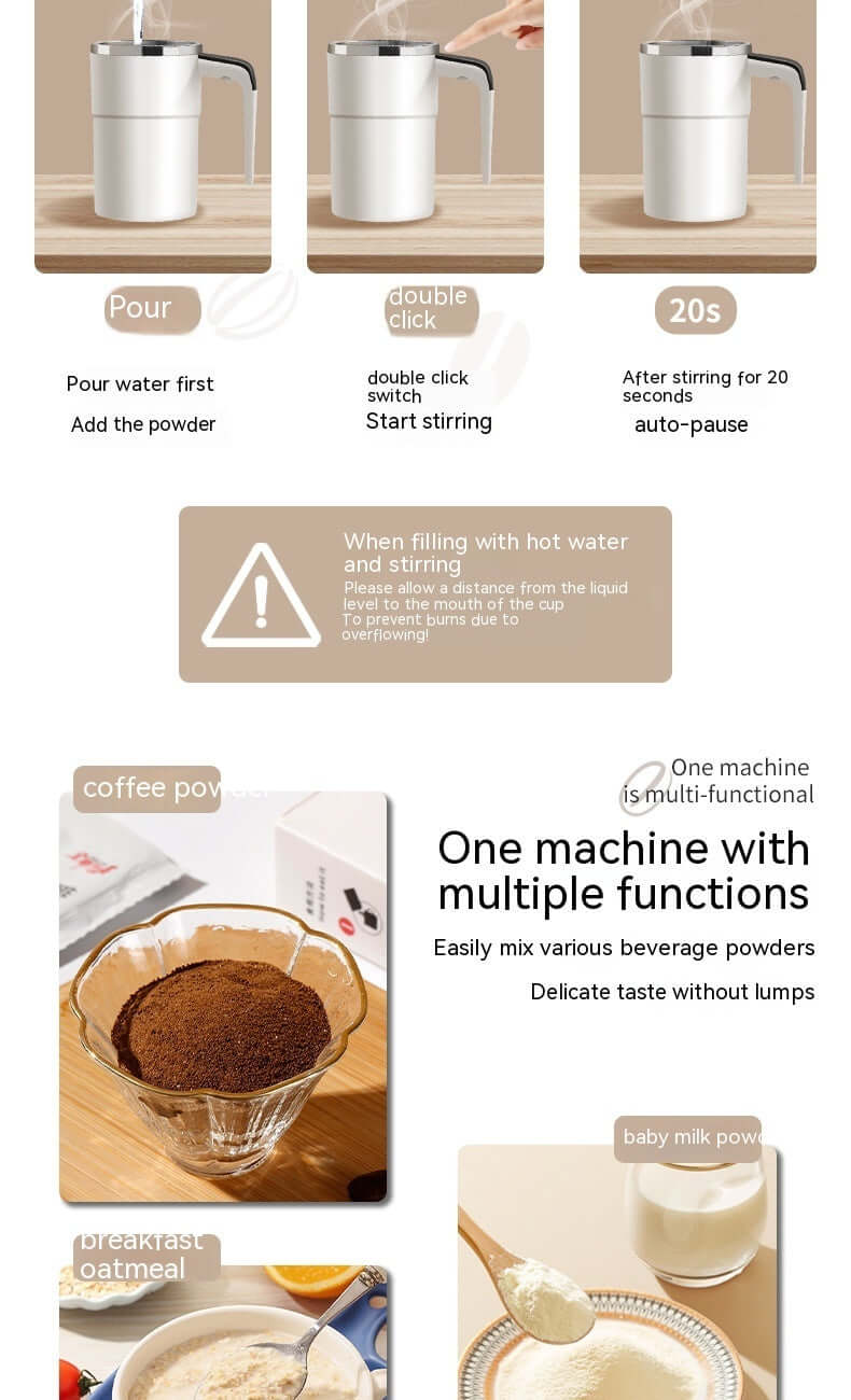 Instruction steps for using an automatic mixing coffee cup for various beverages.