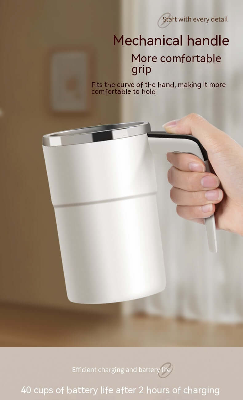 Automatic Magnetic Mixing Coffee Cup with mechanical handle for comfortable grip and 40 cups of battery life.
