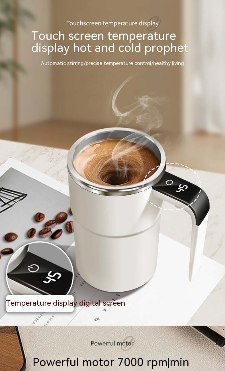 Automatic mixing coffee cup with touchscreen display, perfect for effortless coffee and tea blending.