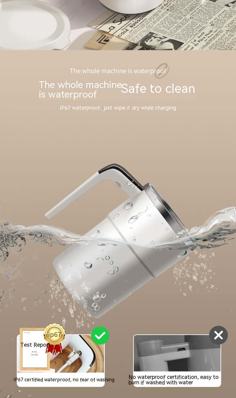 Automatic coffee cup in water highlighting waterproof design and easy cleaning. Perfect for tea and wellness drinks.