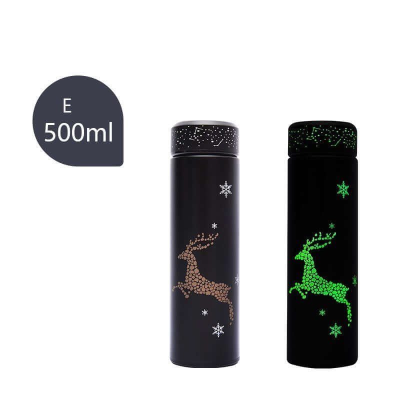 500ml modern insulated cups featuring glowing reindeer designs and snowflake accents, perfect for holiday drinks.