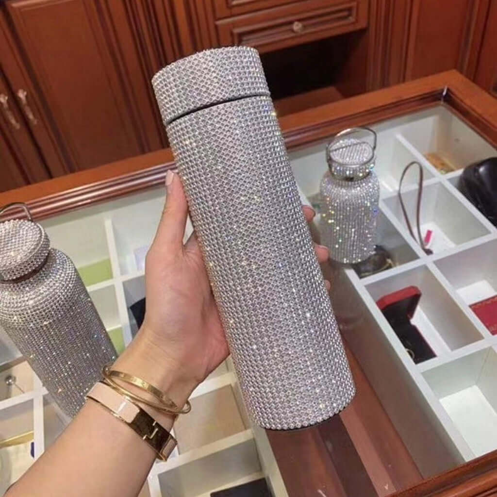 Elegant high-grade portable drill cup adorned with hand-inlaid crystals for stylish hydration on the go.