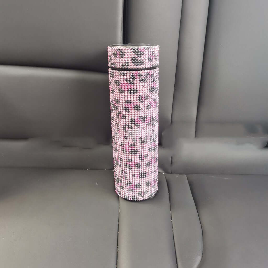 High-Grade Portable Drill Cup with pink and black diamond design, ideal for stylish coffee and tea on the go.