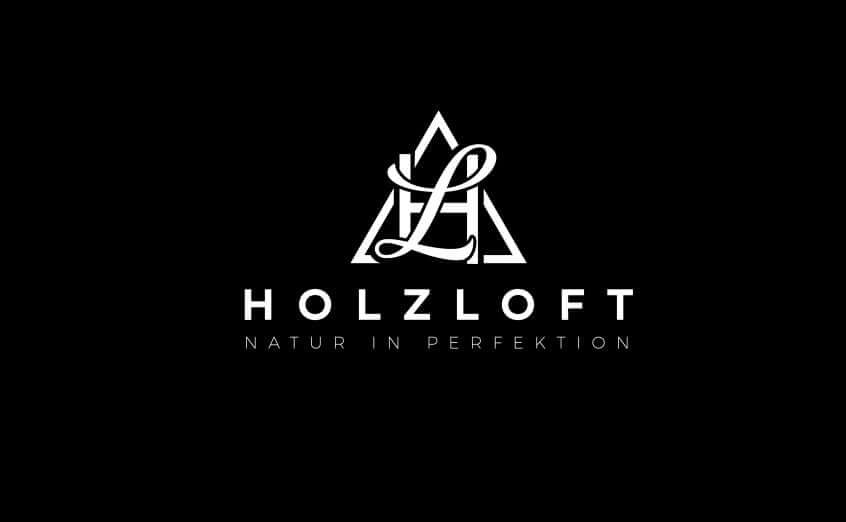 Holzloft logo showcasing elegant design with the tagline 'Natur in Perfektion' on a black background.