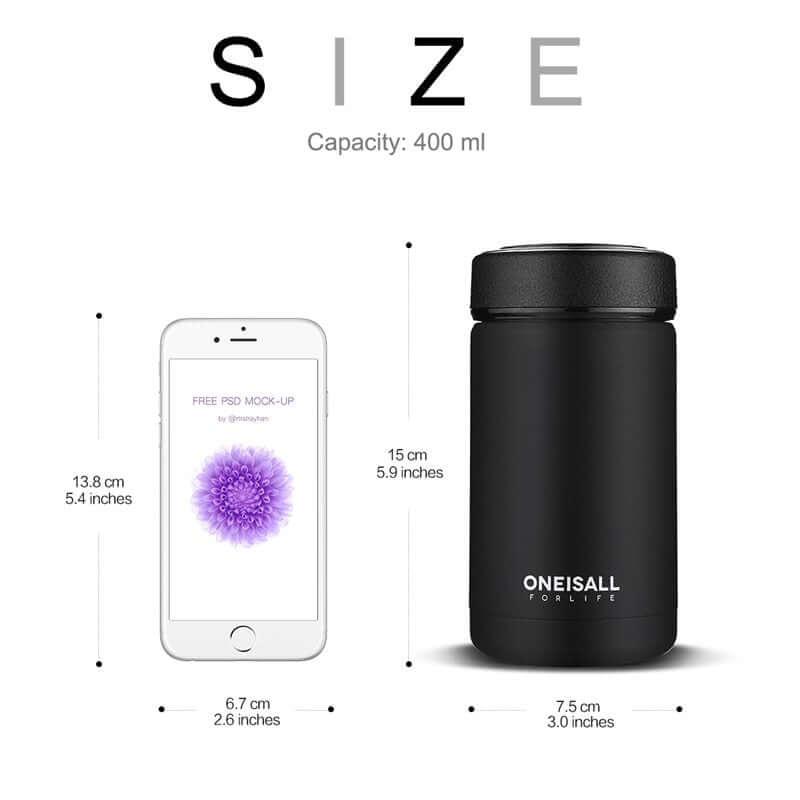 ONE IS ALL 400ml insulated cup dimensions with a smartphone for scale, showcasing size and function.