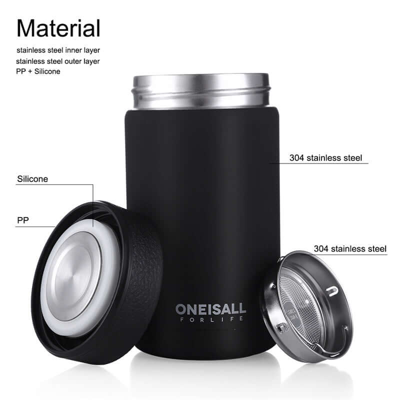 ONE IS ALL insulated cup bottle made from stainless steel and silicone with detailed material specifications.