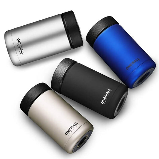 ONE IS ALL insulated cup bottles in silver, blue, black, and gold for men, perfect for keeping drinks at the ideal temperature.