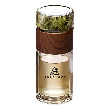 Personalized double-layer tea cup with wood grain design, perfect for coffee and tea. Ideal for gifting and branding.