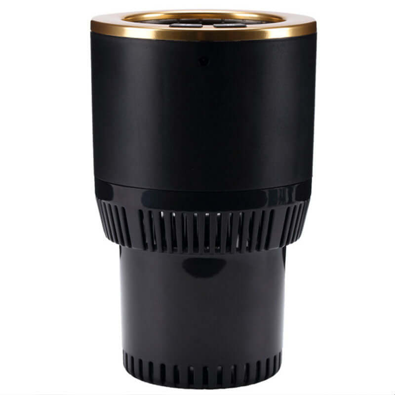Portable car heating and cooling cup in sleek black with gold accents for on-the-go beverage enjoyment.