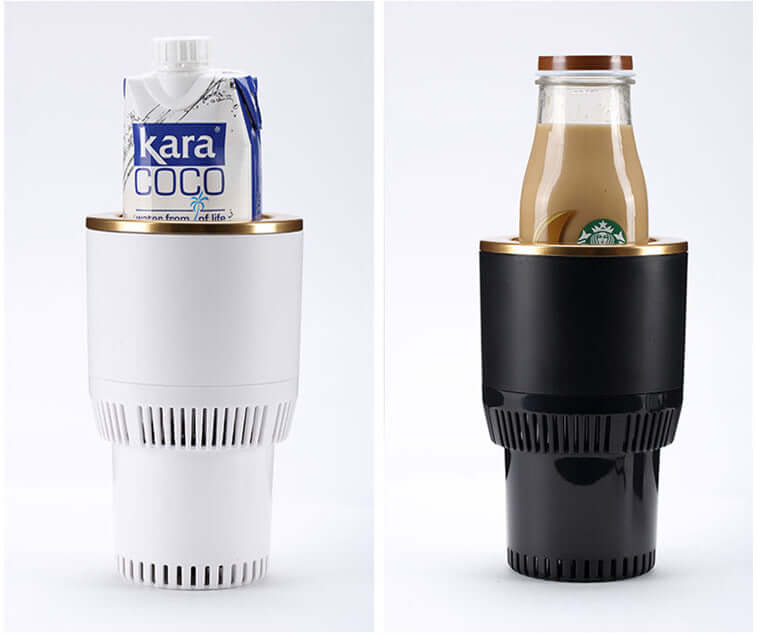 Portable car heating and cooling mug holding a coconut drink and a coffee beverage, ideal for on-the-go drinks.