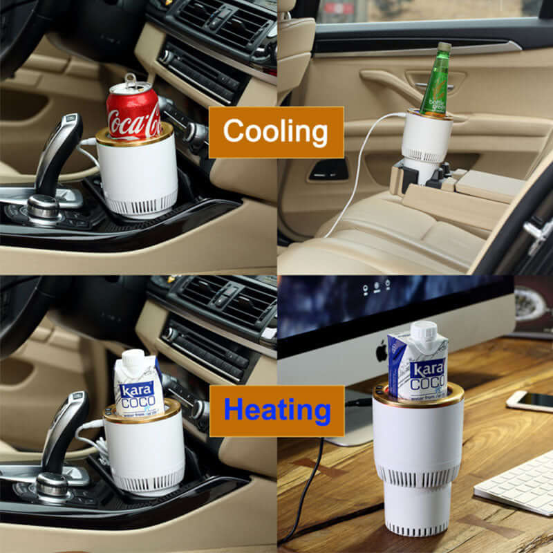 Portable car heating and cooling cup in action, cooling drinks and heating beverages in vehicle.