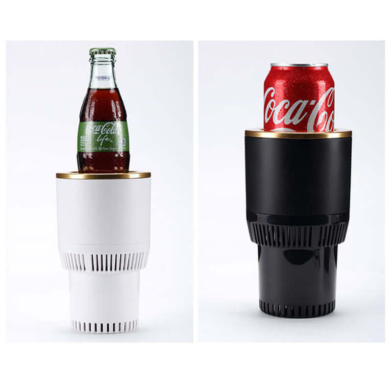Portable car heating and cooling cup showcasing white and black designs, ideal for warming and chilling beverages.