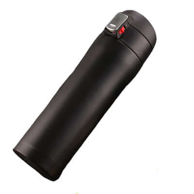 Premium insulated travel mug in sleek black, perfect for keeping coffee, tea, or water at optimal temperature.