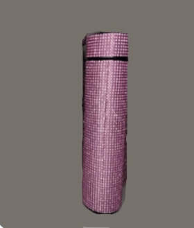 Pink checkered yoga mat rolled up on a gray background, ideal for workouts and fitness.