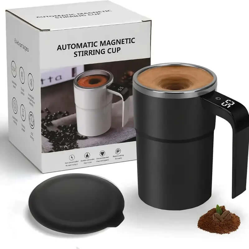 USB rechargeable automatic magnetic stirring coffee mug with a sleek design and temperature display.
