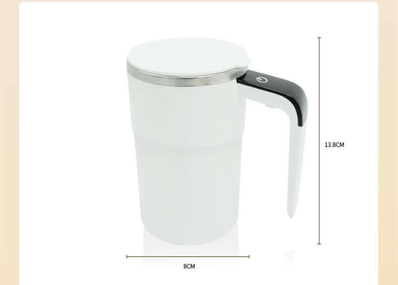 Sleek rechargeable electric coffee mug with lid, automatic stirring, and ergonomic handle. Dimensions: 8cm x 13.8cm.