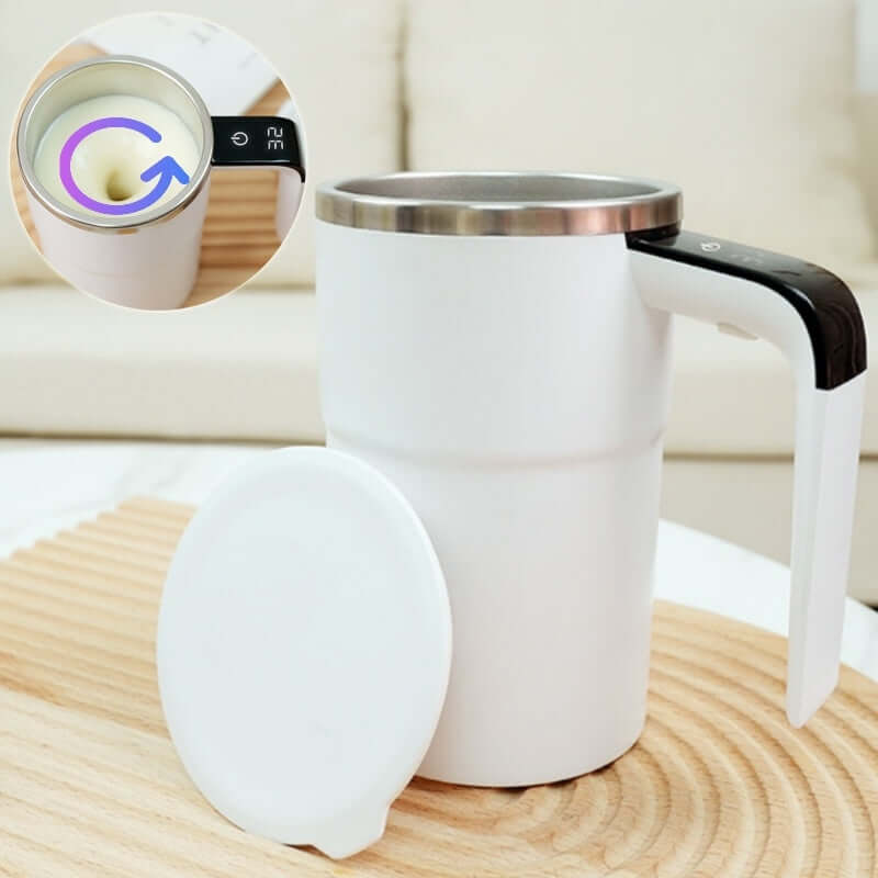Rechargeable electric coffee mug with magnetic stirring and spill-proof lid on a wooden surface.