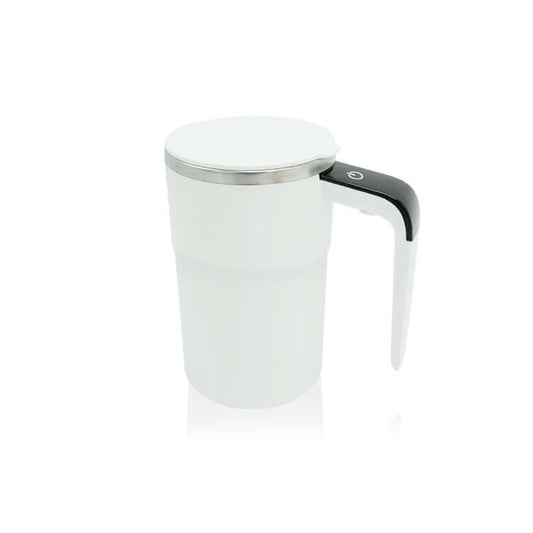 Sleek white rechargeable electric coffee mug with a magnetic lid and ergonomic handle.