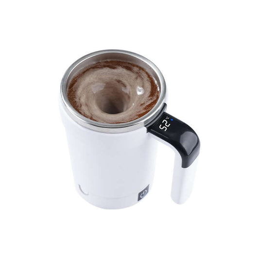 Self-stirring stainless steel travel mug with coffee blending, perfect for on-the-go drinks.