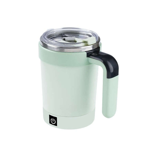 Self-stirring stainless steel travel mug in mint green color for easy coffee blending.