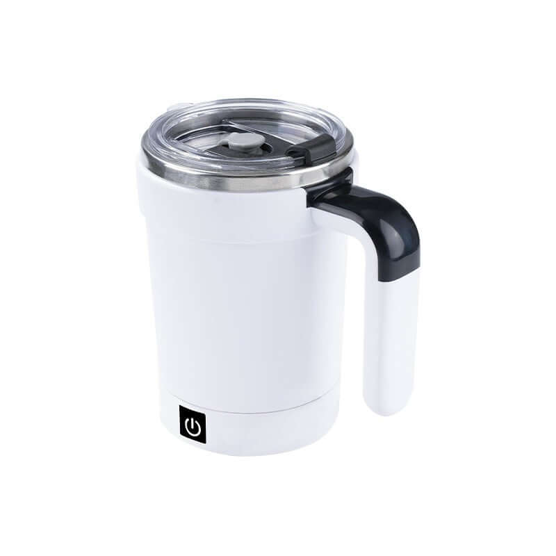 Self-stirring stainless steel travel mug for effortless coffee blending on-the-go.