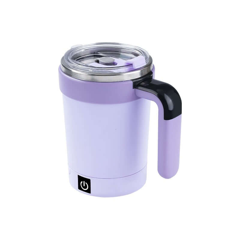 Self-stirring stainless steel travel mug in lavender, perfect for easy coffee blending on-the-go.