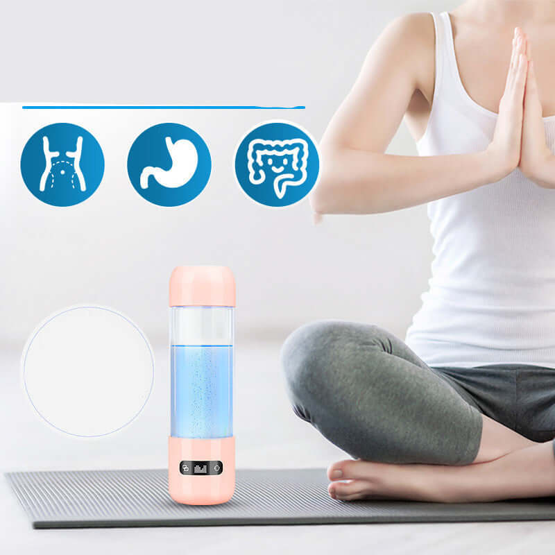 Smart Hydrogen-Rich Water Cup beside a woman meditating, promoting health and hydration benefits.