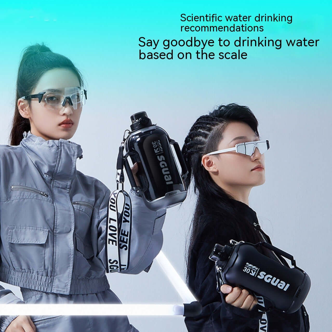 Two women in stylish gear holding Smart Sports Bottles, promoting hydration and scientific water drinking recommendations.