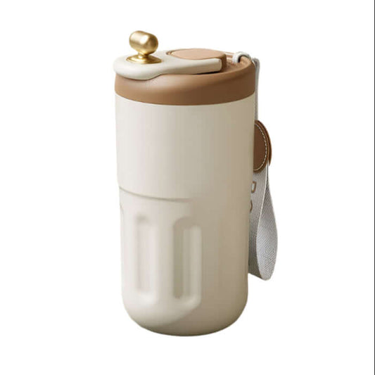 Smart stainless steel travel mug with a beige design and strap for easy carrying.
