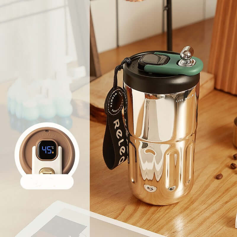 Smart stainless steel travel mug with temperature display, ideal for keeping drinks warm on the go.