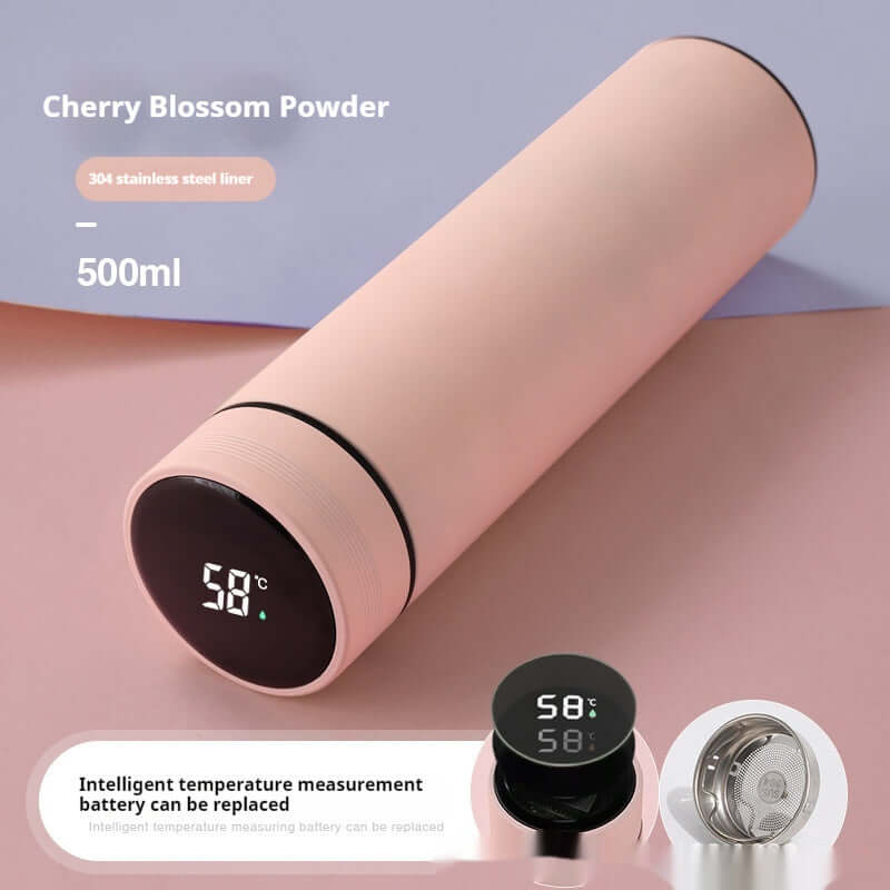 Smart temperature display insulated bottle in Cherry Blossom Powder, 500ml capacity, with stainless steel liner.