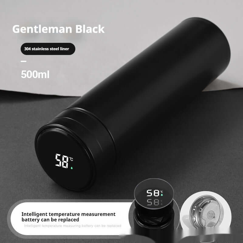 Smart temperature display insulated bottle in black, 500ml capacity, featuring a stainless steel liner.