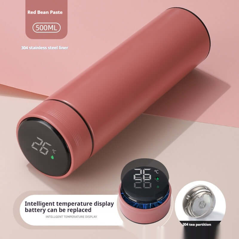 Smart Temperature Display Insulated Bottle in pink with digital readout, 500ML capacity, premium 304 stainless steel.