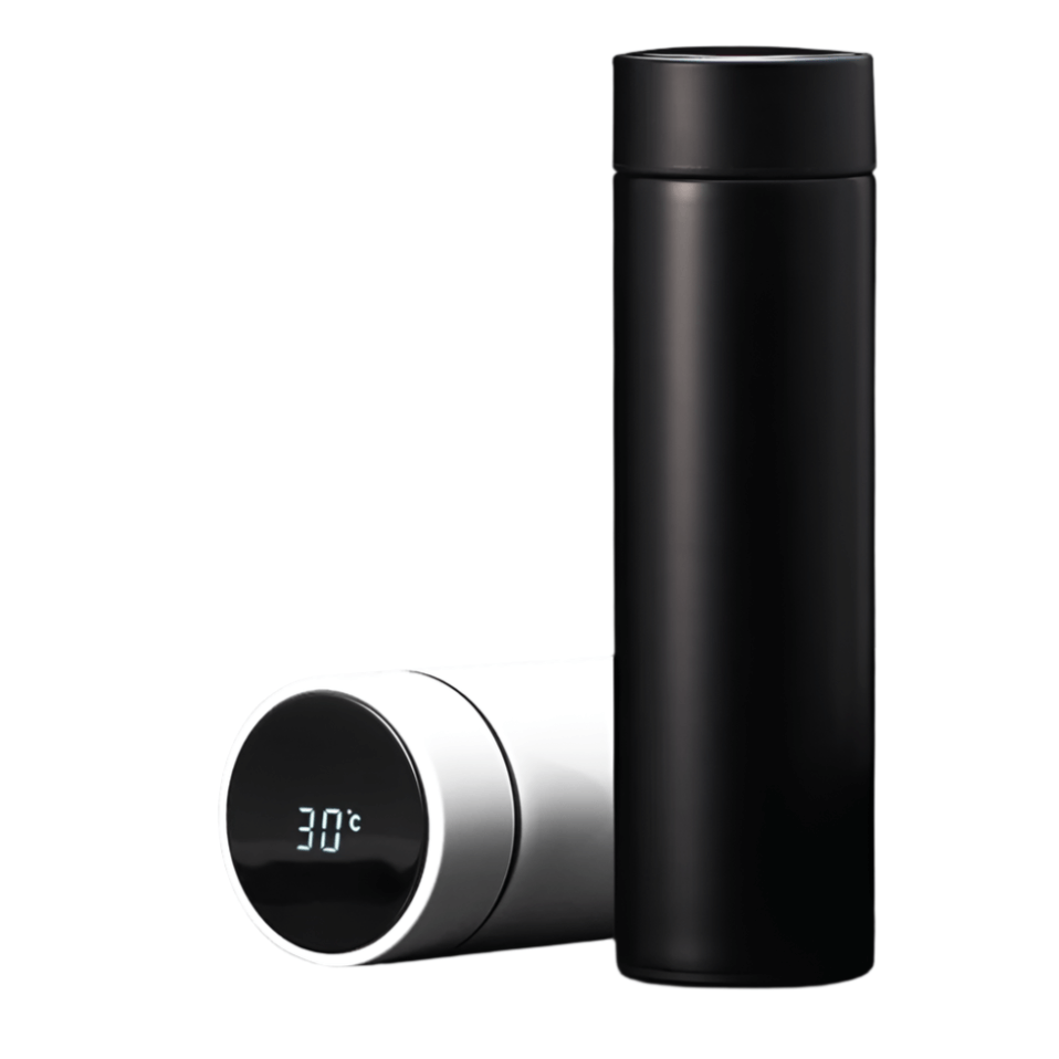 Smart temperature display insulated bottle in black and white, showcasing the current temperature at 30°C.