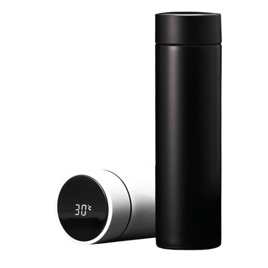 Smart temperature display insulated bottle in black and white, showcasing the current temperature at 30°C.