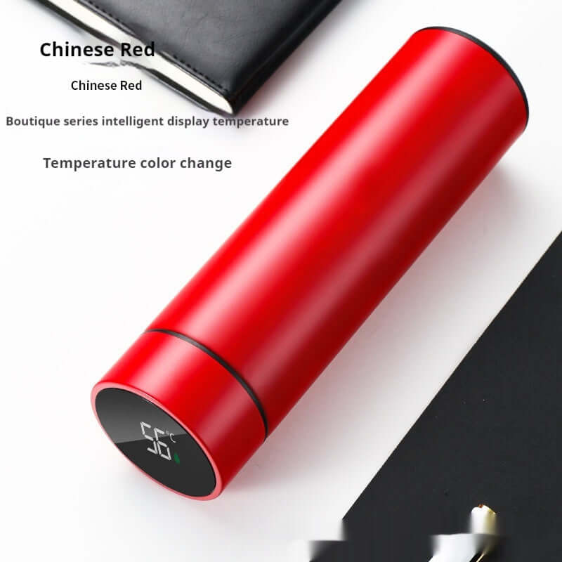 Smart temperature display insulated bottle in Chinese Red with color-changing feature and sleek design.