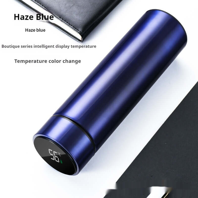 Haze Blue smart insulated bottle with temperature display, showcasing color change feature and premium design.