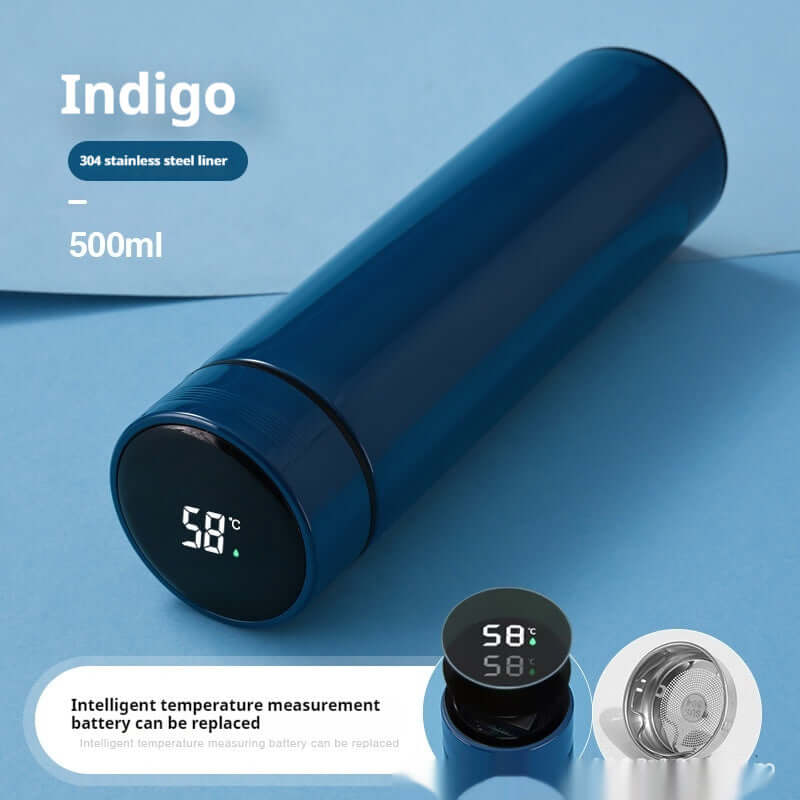 Smart Temperature Display Insulated Bottle in indigo with temperature reading at 58°C, 500ml capacity, stainless steel liner.