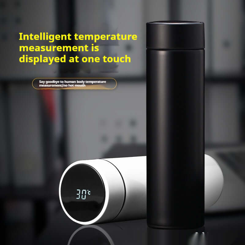 Smart temperature display insulated bottle in black and white, showcasing intelligent temperature measurement feature.