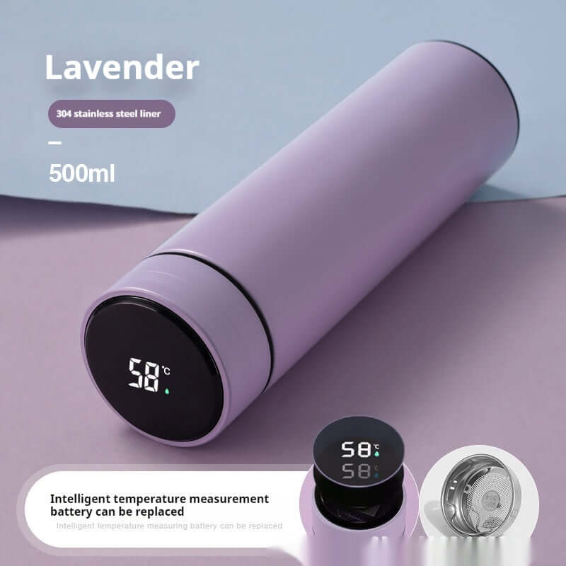 Lavender smart temperature display insulated bottle, 500ml capacity with stainless steel liner, showing 58°F.